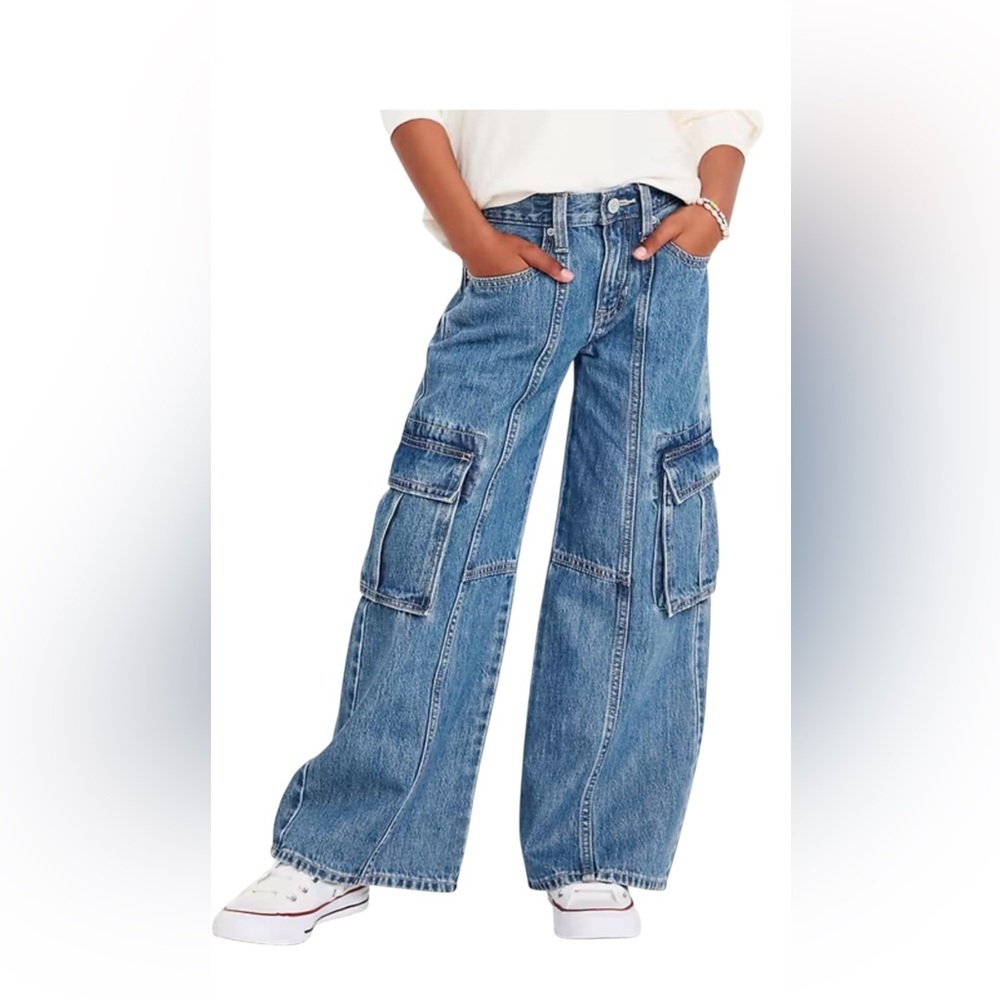 Old Navy High Rise Super Baggy Wide Leg Cargo Blue Denim Jeans Girls size 14